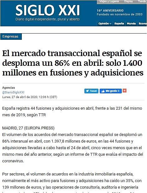 El mercado transaccional espaol se desploma un 86% en abril: solo 1.400 millones en fusiones y adquisiciones